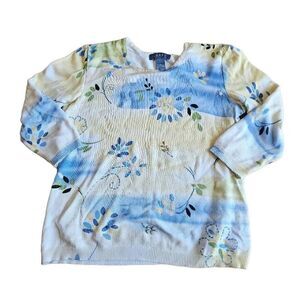 Koret womens Sz M yellow blue floral beaded sweater